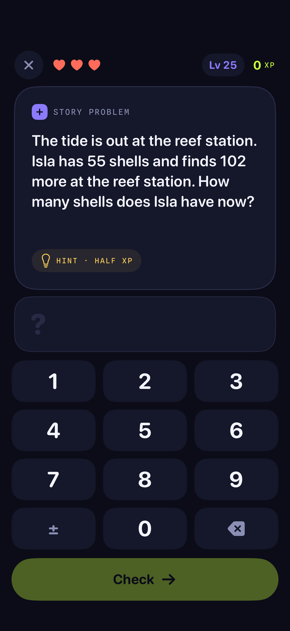A story problem in progress on iPhone, with three lives, the player&rsquo;s level and XP at the top, a hint button and the number keypad.