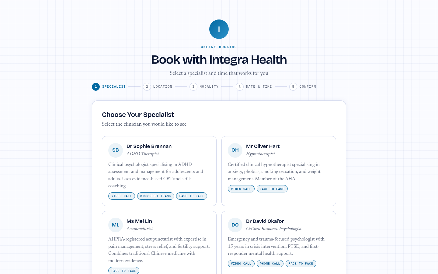 A Slotello booking page for the demo clinic Integra Health: the heading Book with Integra Health, five numbered steps, and four practitioners to choose from, each with their specialty, a short biography and how they meet clients.